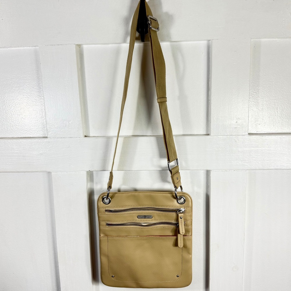 Tyler Rodan‎ Tan Faux Leather Multi Pocket Floral Crossbody Bag Adjustable Strap